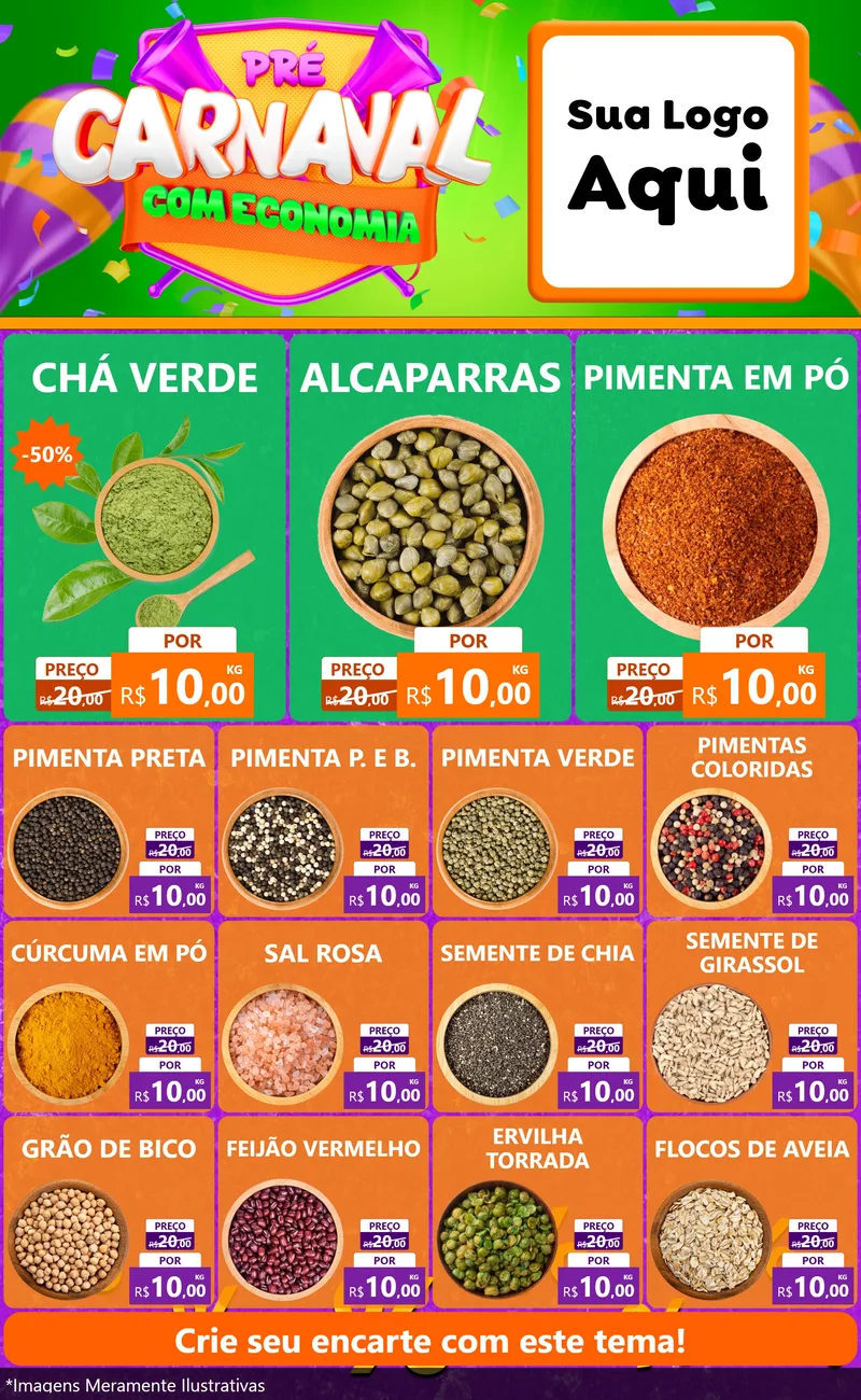 Modelo de Encarte para Encarte Grande com o tema Pré-Carnaval Com Economia para Produtos Naturais
