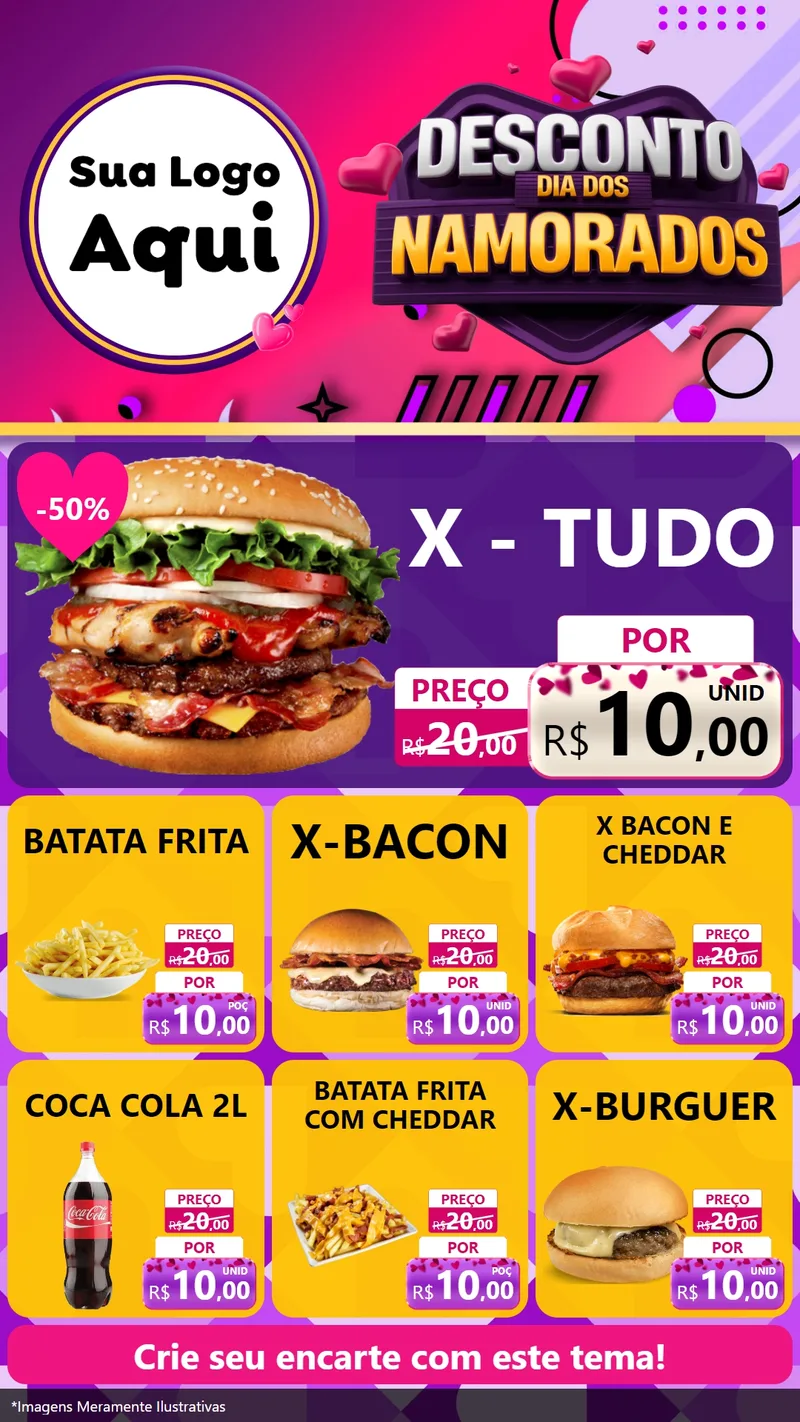 Modelo de Rede Social para Stories com o tema Desconto Dia dos Namorados para Hamburgueria