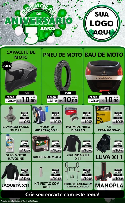 Modelo de Encarte para Encarte Grande com o tema Promoção de Aniversário - 3 Anos para Moto peças