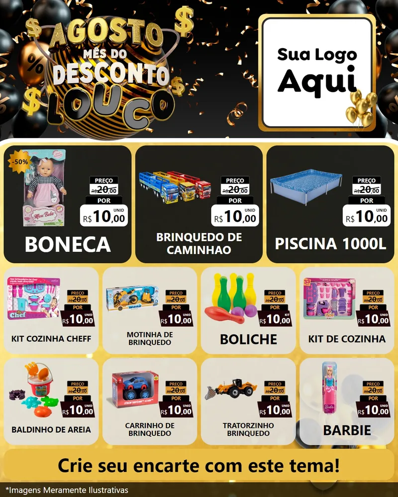 Modelo de Rede Social para Feed Instagram com o tema Agosto Mês do Desconto Louco para Brinquedos