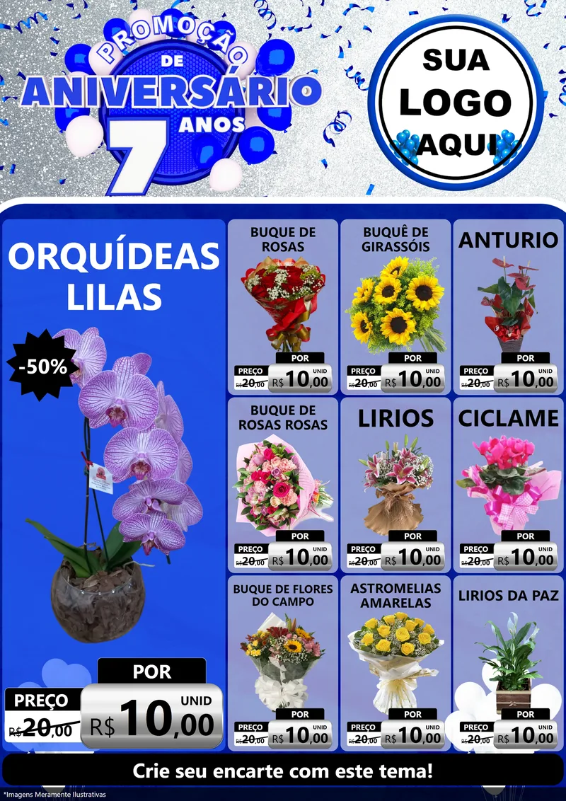 Modelo de Encarte para Encarte A4 Vertical com o tema Promoção de Aniversário - 7 Anos para Floricultura e jardim