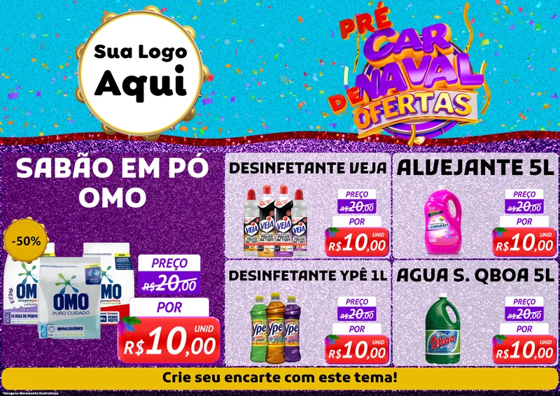 Modelo de Encarte para Encarte A4 Horizontal com o tema Pré Carnaval de Ofertas para Produtos de Limpeza