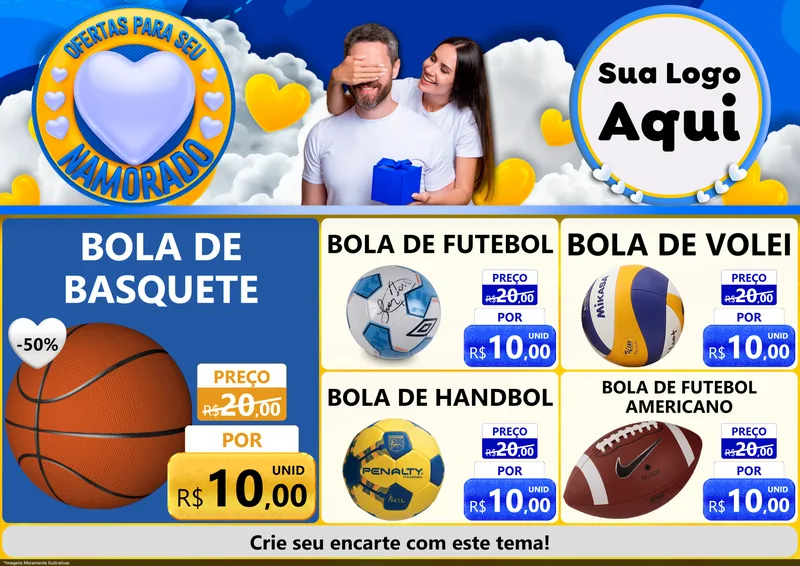 Modelo de Encarte para Encarte A4 Horizontal com o tema Ofertas Para Seu Namorado para Artigos Esportivos