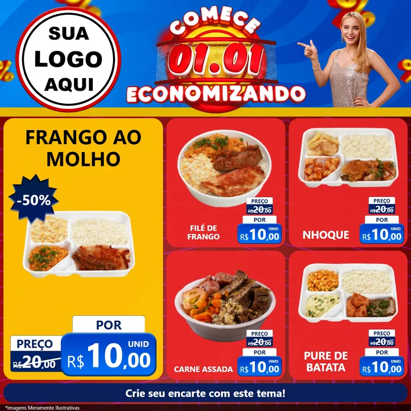 Modelo de Rede Social para Feed Facebook com o tema Comece 1º de Janeiro Economizando para Restaurante
