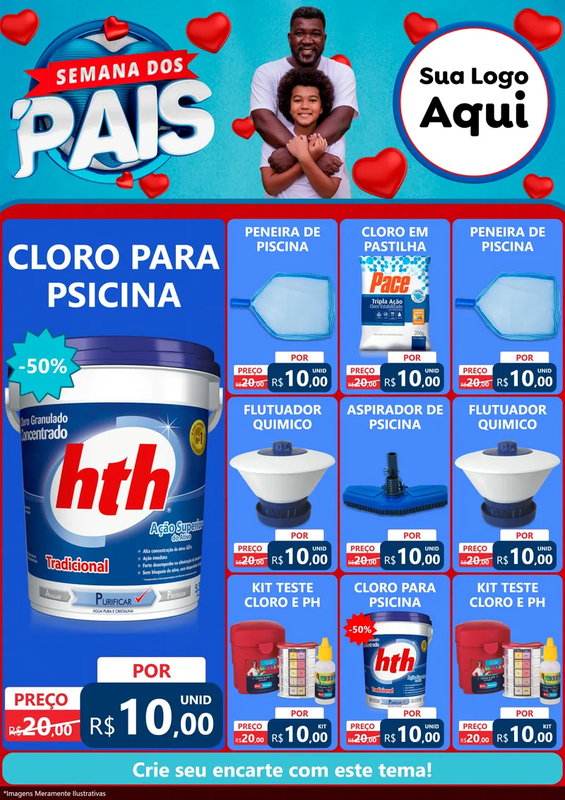 Modelo de Encarte para Encarte A4 Vertical com o tema Semana Dos Pais para Produtos para Piscina