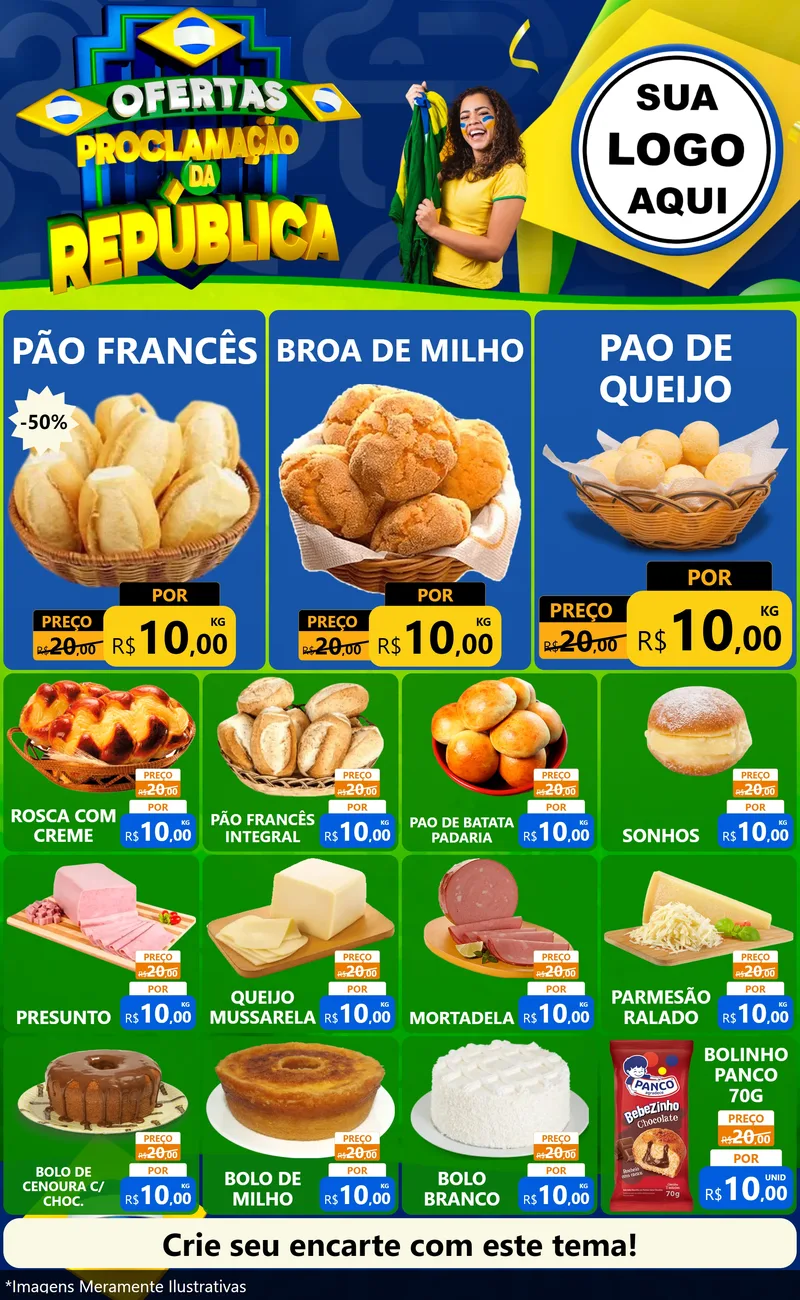 Modelo de Encarte para Encarte Grande com o tema Ofertas Proclamação da República para Padaria