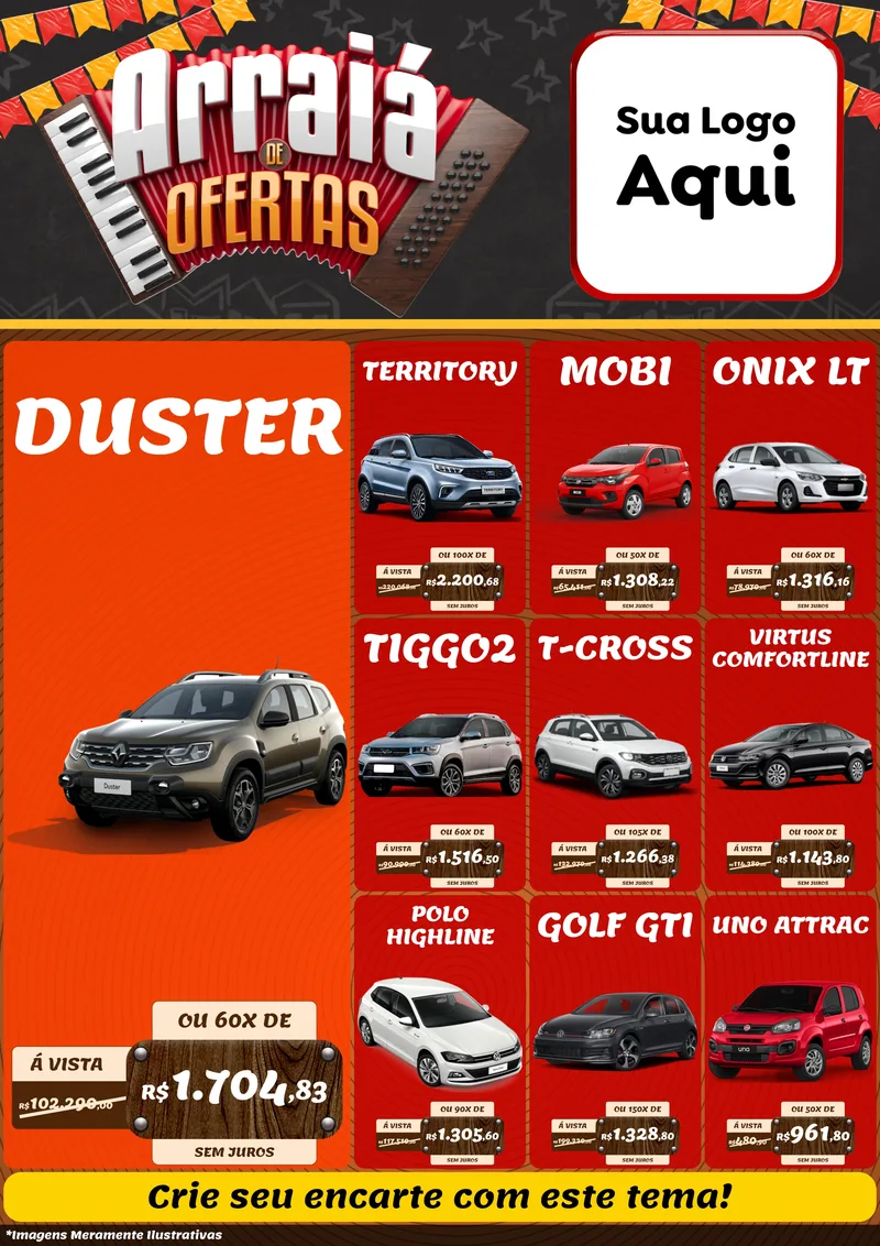 Modelo de Encarte para Encarte A4 Vertical com o tema Arraiá de Ofertas - Junina para Concessionaria de Carros
