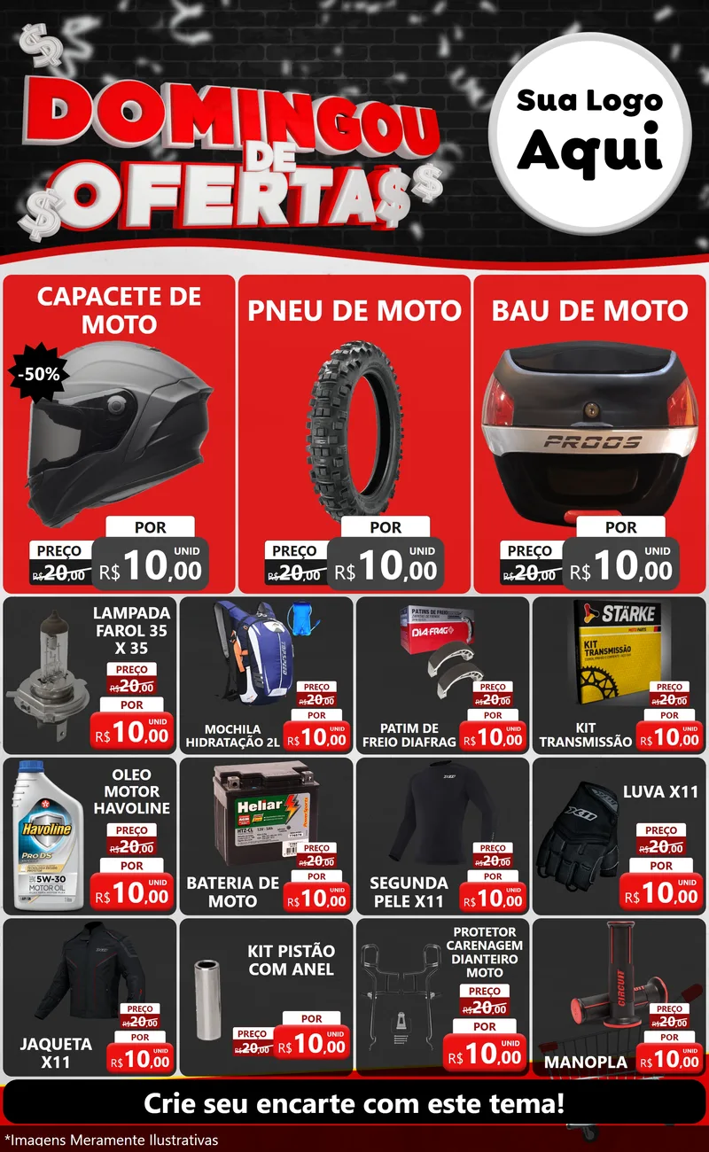 Modelo de Encarte para Encarte Grande com o tema Domingou de Ofertas para Moto peças