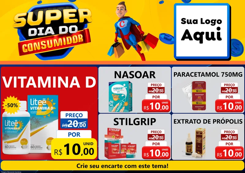 Modelo de Encarte para Encarte A4 Horizontal com o tema Super Dia do Consumidor para Farmácia