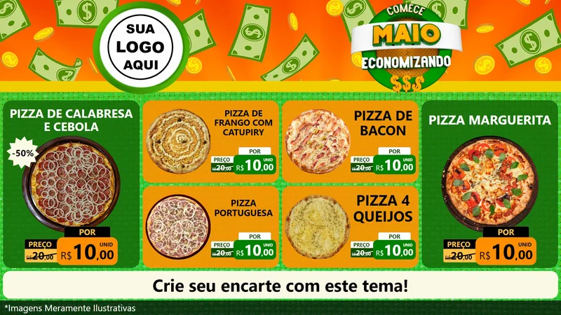 Modelo de TV para TV Horizontal com o tema Comece Maio Economizando para Pizzaria