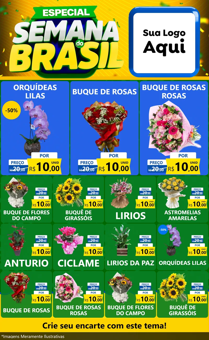 Modelo de Encarte para Encarte Grande com o tema Especial Semana do Brasil para Floricultura e jardim