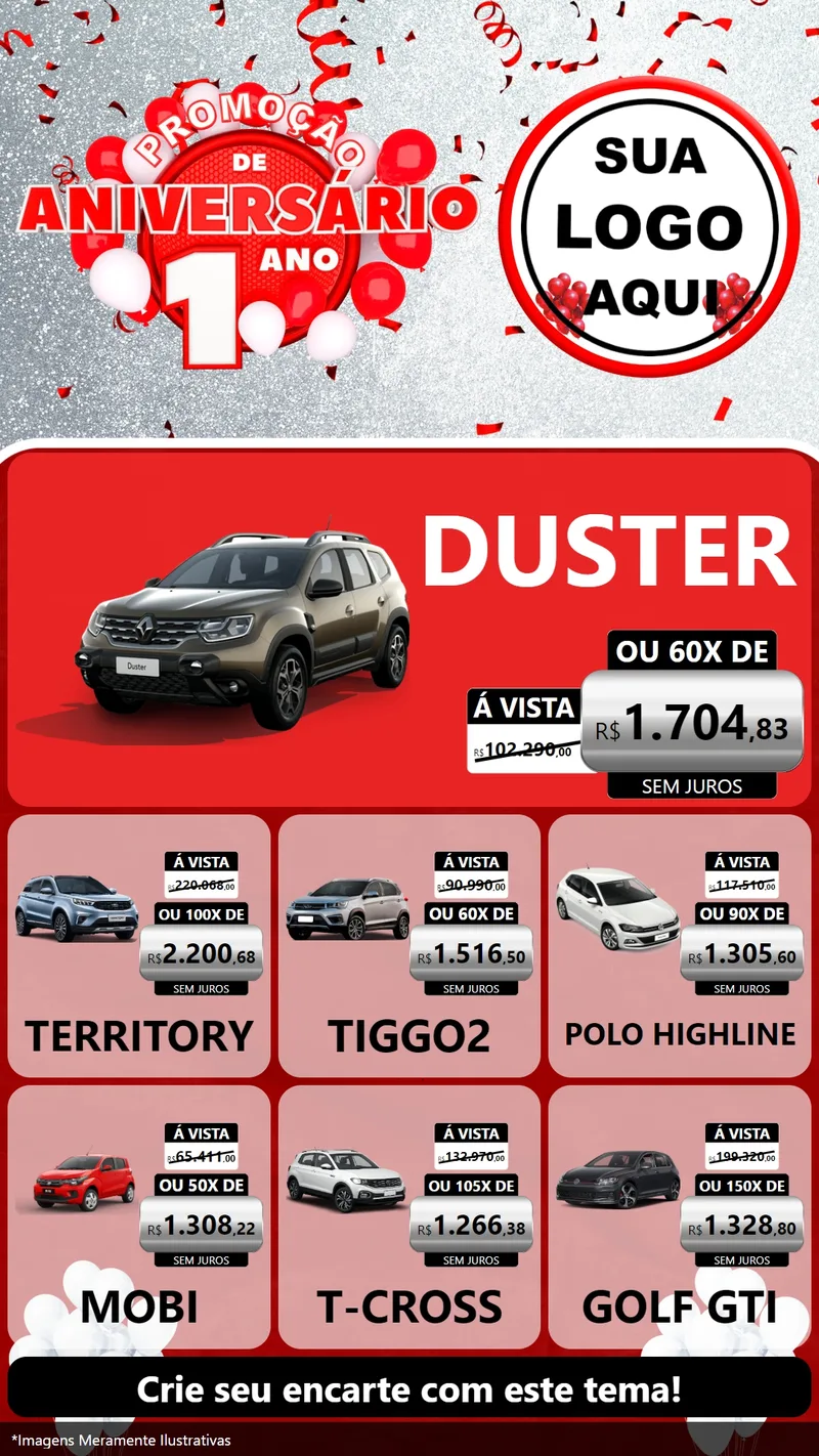 Modelo de Rede Social para Stories com o tema Promoção de Aniversário - 1 Ano para Concessionaria de Carros