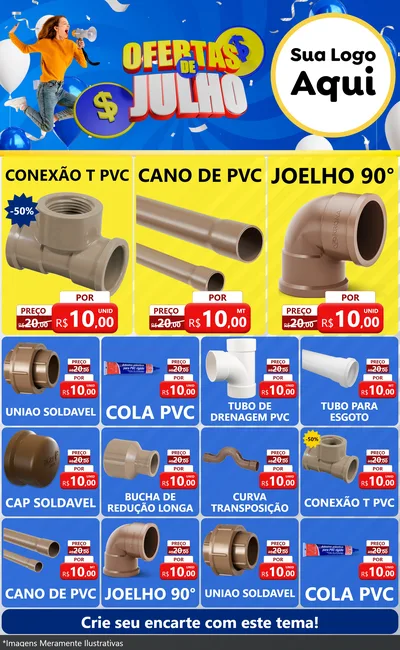Modelo de Encarte para Encarte Grande com o tema Ofertas de Julho para Tubos e conexões