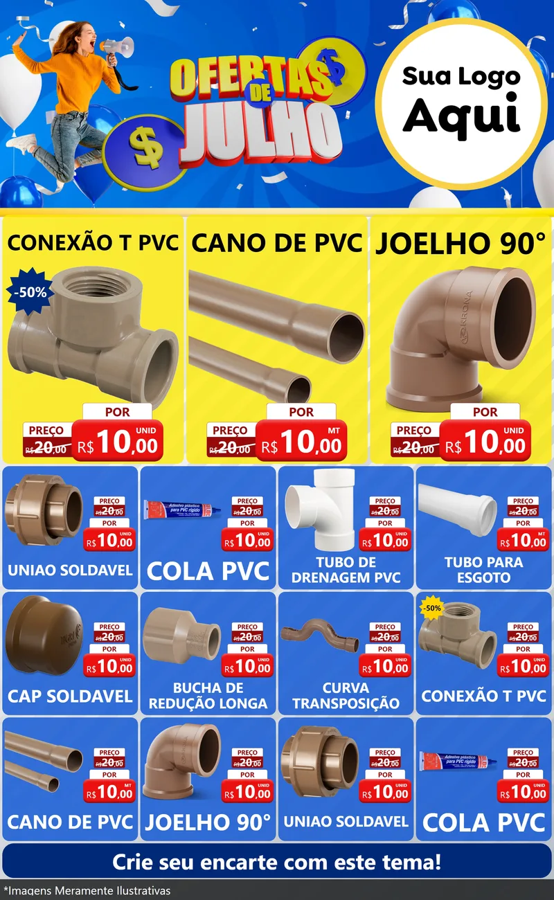 Modelo de Encarte para Encarte Grande com o tema Ofertas de Julho para Tubos e conexões