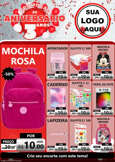 Modelo de Encarte para Encarte A4 Vertical com o tema Promoção de Aniversário - 3 Anos para Papelaria