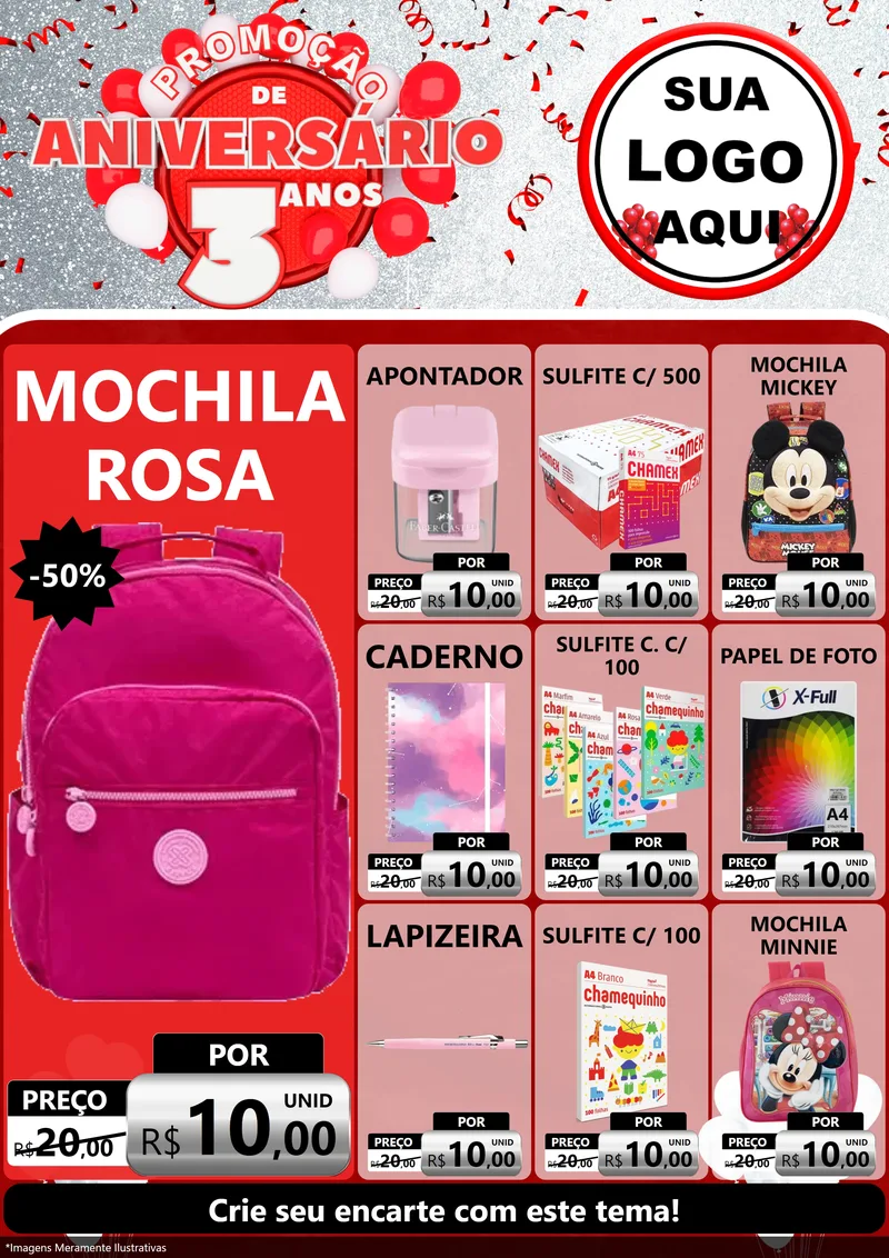 Modelo de Encarte para Encarte A4 Vertical com o tema Promoção de Aniversário - 3 Anos para Papelaria