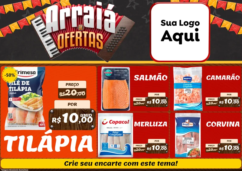 Modelo de Encarte para Encarte A4 Horizontal com o tema Arraiá de Ofertas - Junina para Peixaria