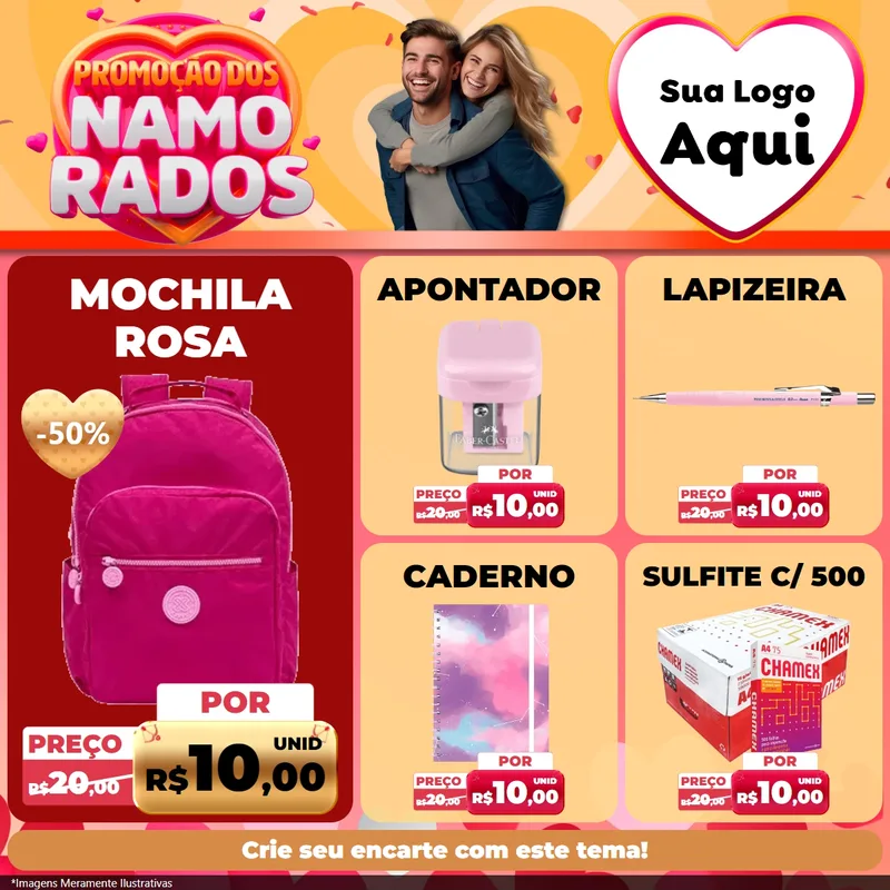 Modelo de Rede Social para Feed Facebook com o tema Promoção dos Namorados para Papelaria