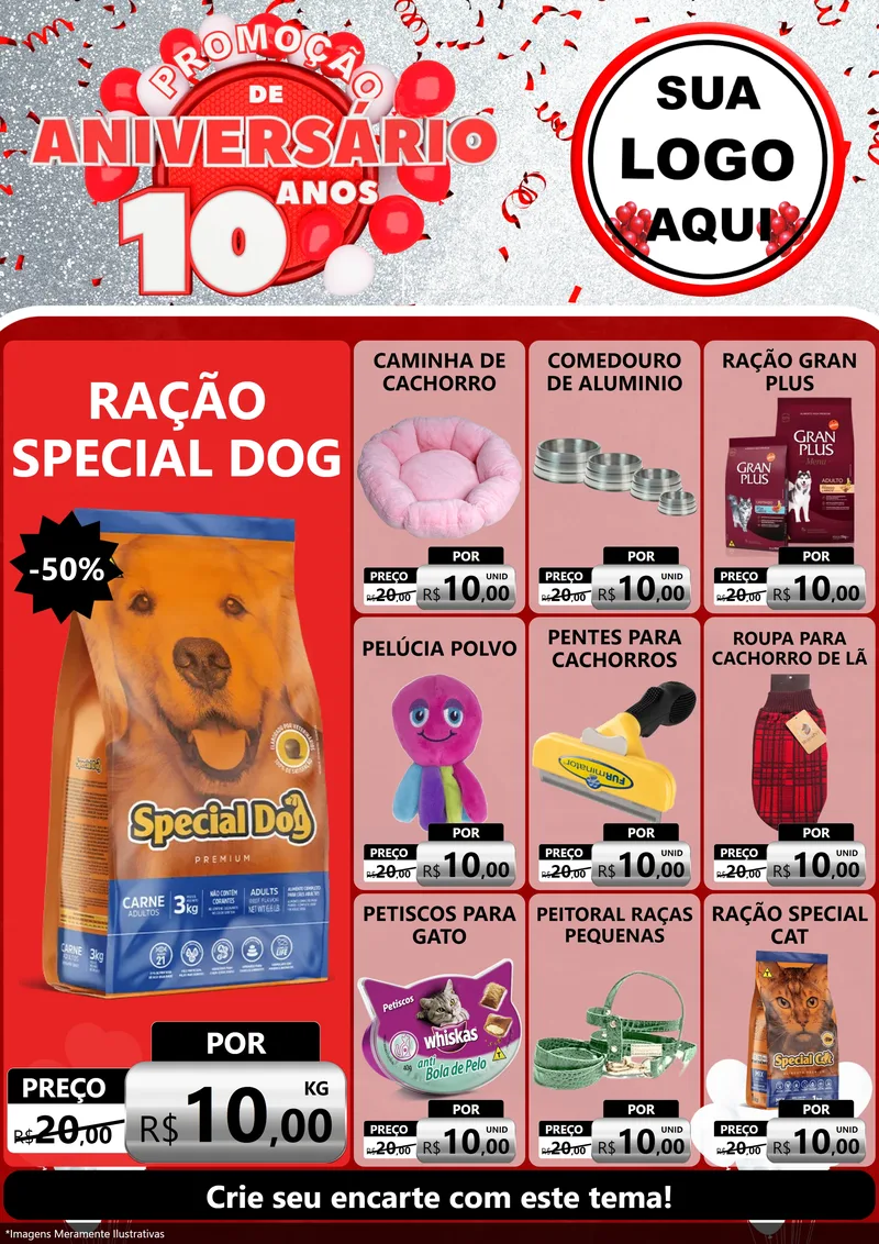 Modelo de Encarte para Encarte A4 Vertical com o tema Promoção de Aniversário - 10 Anos para Pet Shop