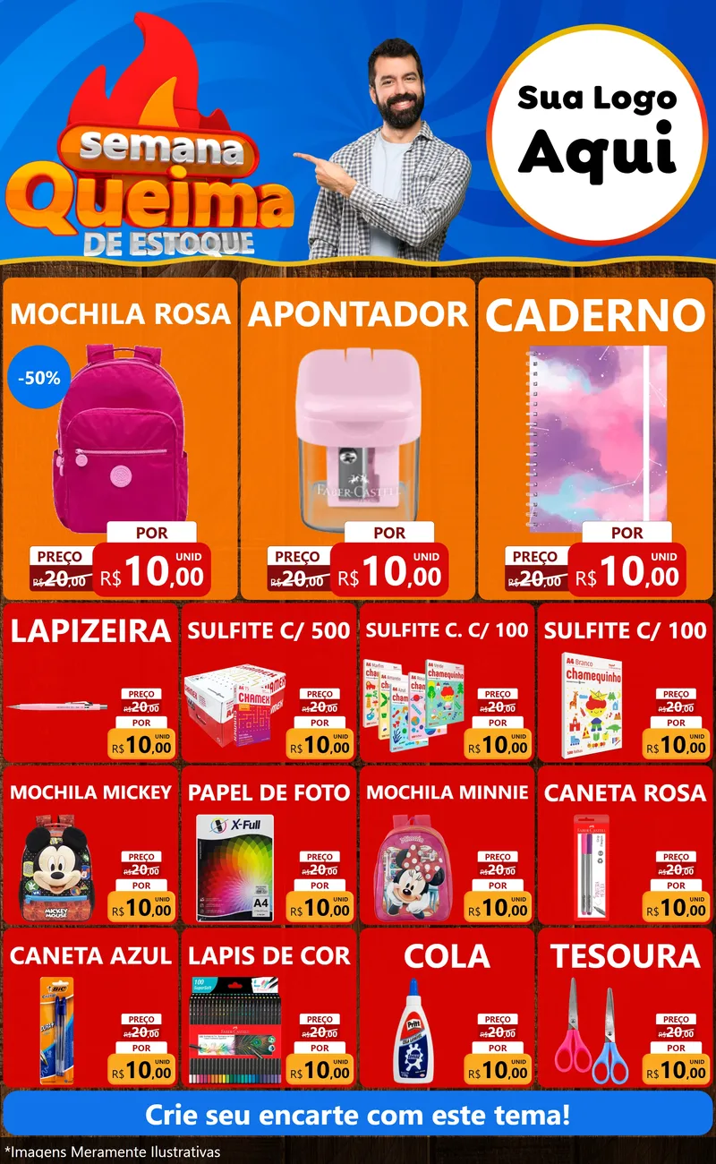 Modelo de Encarte para Encarte Grande com o tema Semana Queima de Estoque para Papelaria