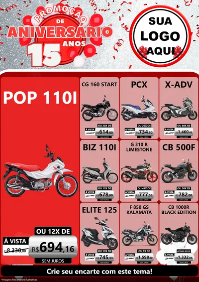 Modelo de Encarte para Encarte A4 Vertical com o tema Promoção de Aniversário - 15 Anos para Concessionaria de Motos