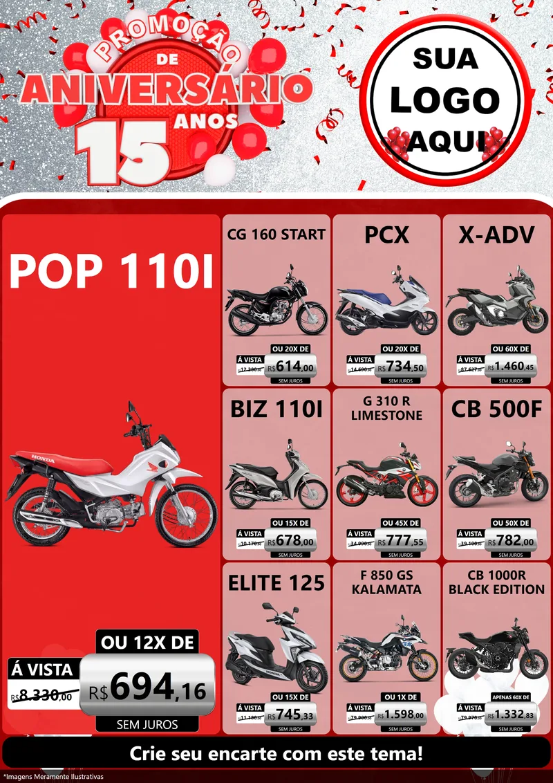 Modelo de Encarte para Encarte A4 Vertical com o tema Promoção de Aniversário - 15 Anos para Concessionaria de Motos