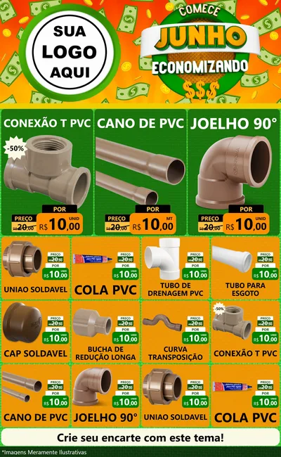 Modelo de Encarte para Encarte Grande com o tema Comece Junho Economizando para Tubos e conexões