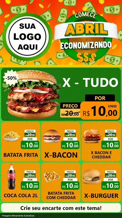 Modelo de Rede Social para Stories com o tema Comece Abril Economizando para Hamburgueria