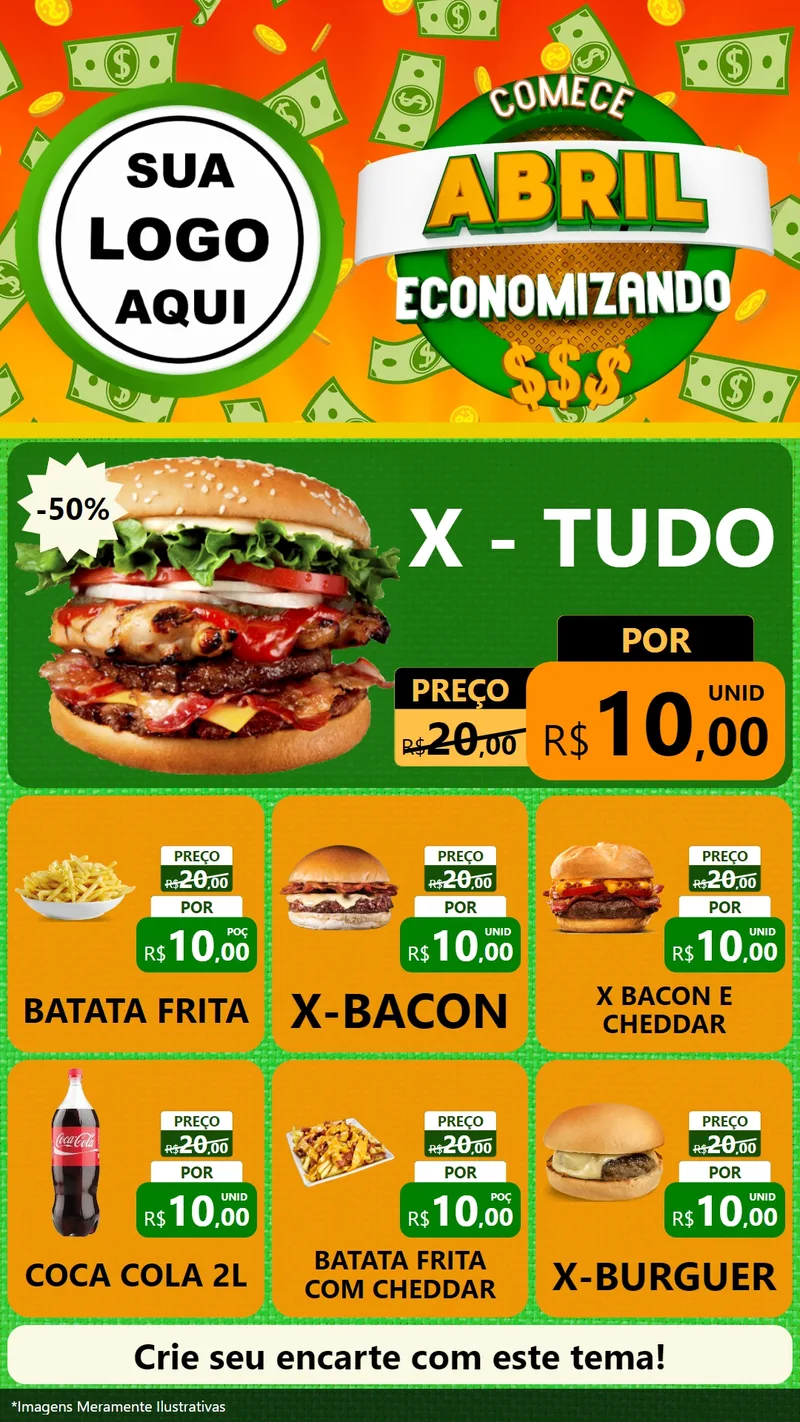 Modelo de Rede Social para Stories com o tema Comece Abril Economizando para Hamburgueria