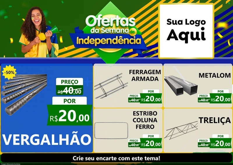 Modelo de Encarte para Encarte A4 Horizontal com o tema Ofertas da Semana da Independência para Ferragens