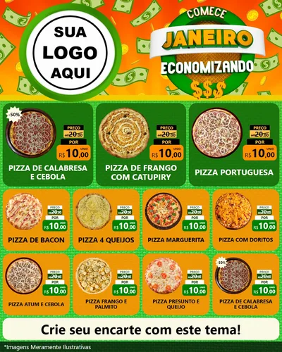 Modelo de Rede Social para Feed Instagram com o tema Comece Janeiro Economizando para Pizzaria