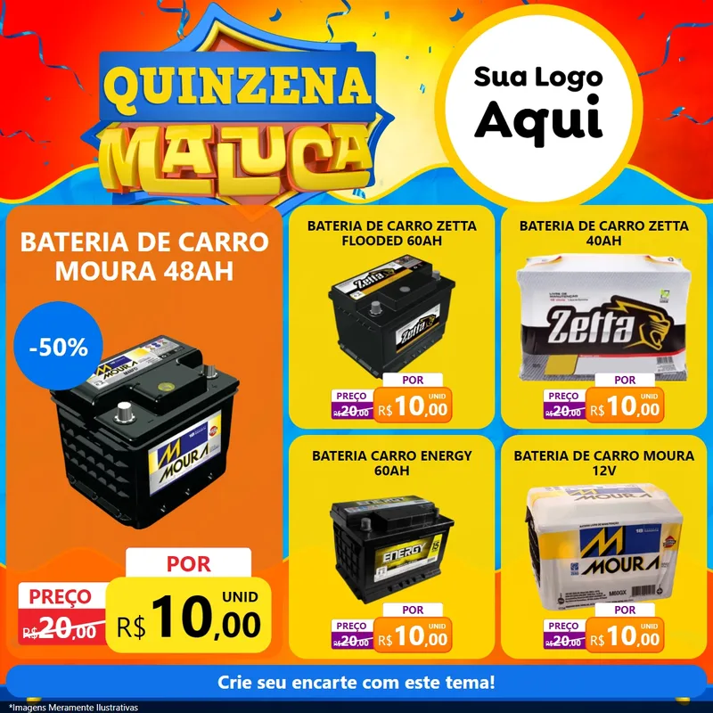 Modelo de Rede Social para Feed Facebook com o tema Quinzena Maluca para Baterias Elétricas