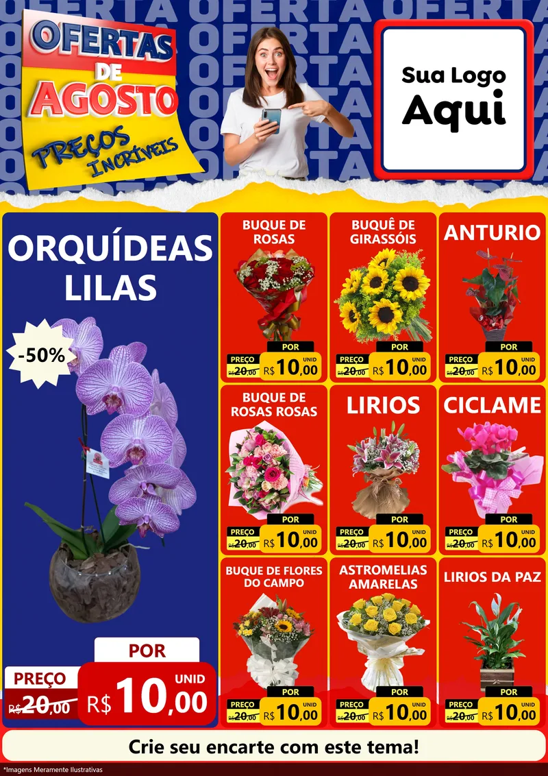 Modelo de Encarte para Encarte A4 Vertical com o tema Ofertas de Agosto - Preços Incríveis para Floricultura e jardim