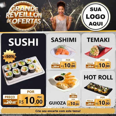 Modelo de Rede Social para Feed Facebook com o tema Grande Réveillon de Ofertas para Comida japonesa