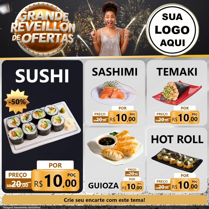 Modelo de Rede Social para Feed Facebook com o tema Grande Réveillon de Ofertas para Comida japonesa