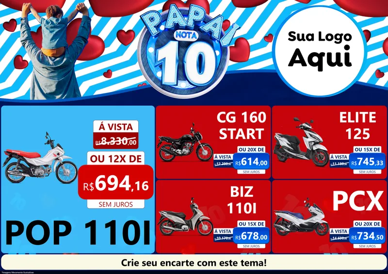 Modelo de Encarte para Encarte A4 Horizontal com o tema Papai Nota 10 para Concessionaria de Motos