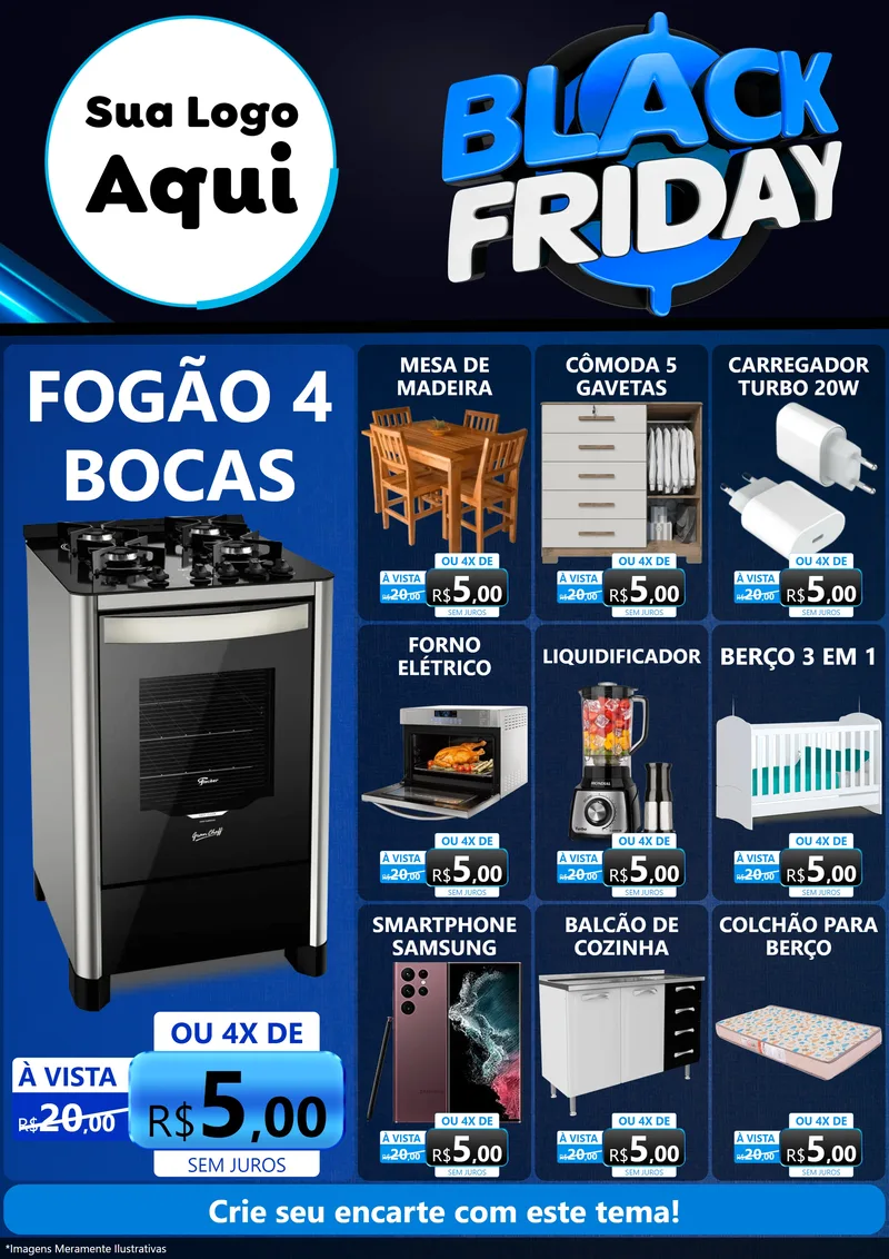 Modelo de Encarte para Encarte A4 Vertical com o tema Black Friday para Móveis e Eletro