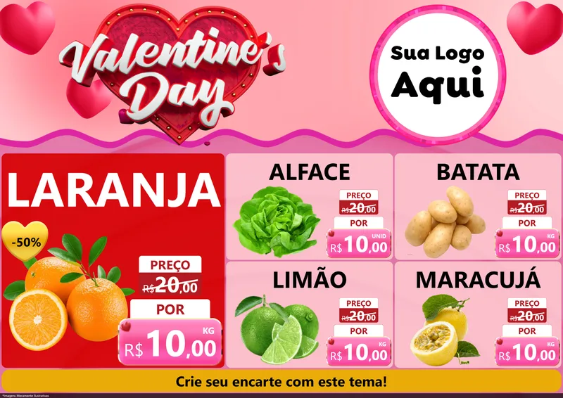 Modelo de Encarte para Encarte A4 Horizontal com o tema Valentine's Day para Hortifrúti