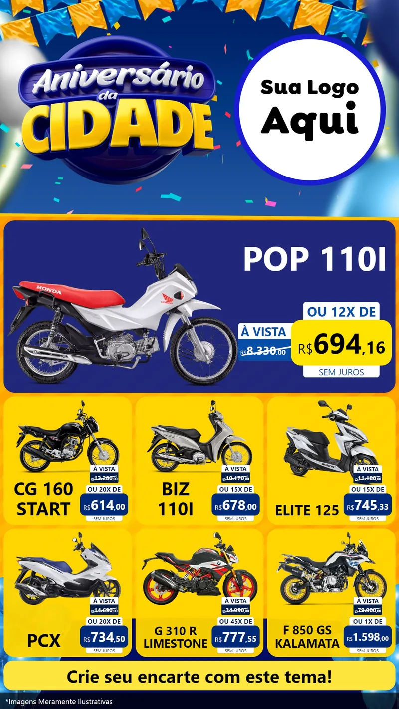 Modelo de Rede Social para Stories com o tema Aniversário da Cidade para Concessionaria de Motos