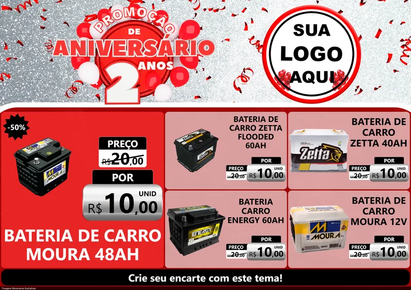 Modelo de Encarte para Encarte A4 Horizontal com o tema Promoção de Aniversário - 2 Anos para Baterias Elétricas