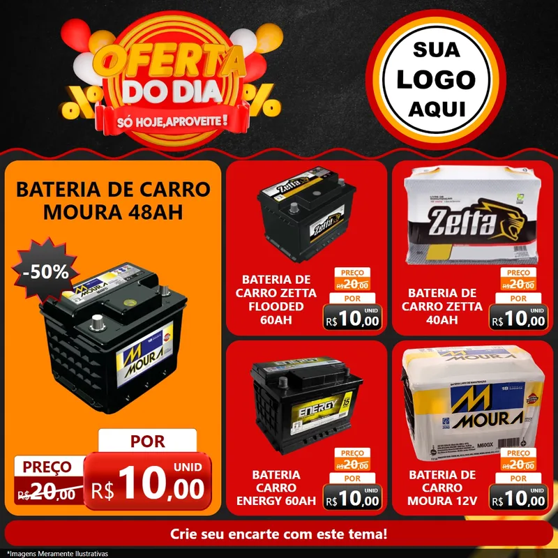 Modelo de Rede Social para Feed Facebook com o tema Oferta do Dia - Só hoje, Aproveite! para Baterias Elétricas