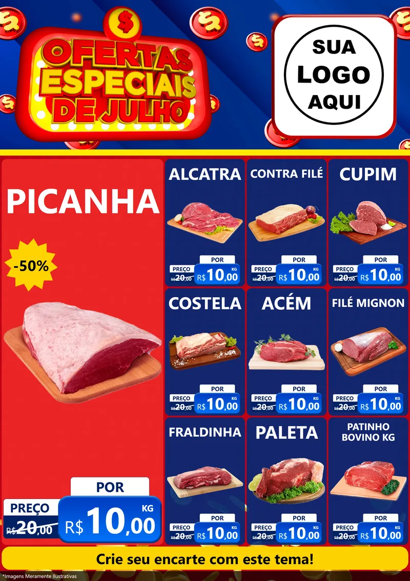 Modelo de Encarte para Encarte A4 Vertical com o tema Ofertas Especiais de Julho para Açougue