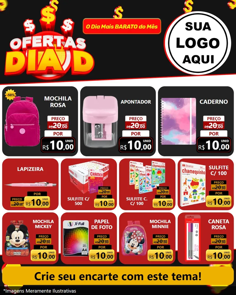 Modelo de Rede Social para Feed Instagram com o tema Ofertas Dia D para Papelaria