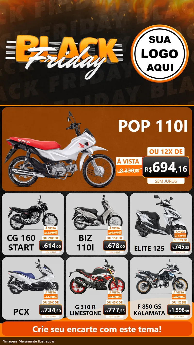 Modelo de Rede Social para Stories com o tema Black Friday para Concessionaria de Motos
