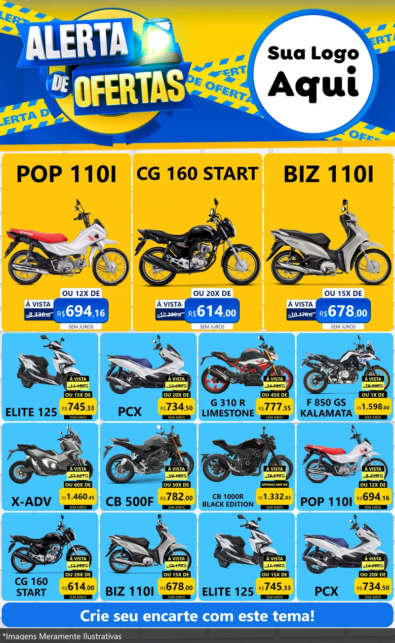 Modelo de Encarte para Encarte Grande com o tema Alerta de Ofertas para Concessionaria de Motos