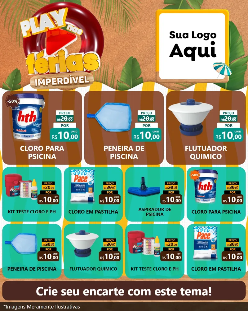 Modelo de Rede Social para Feed Instagram com o tema Play Nas Férias Imperdível para Produtos para Piscina
