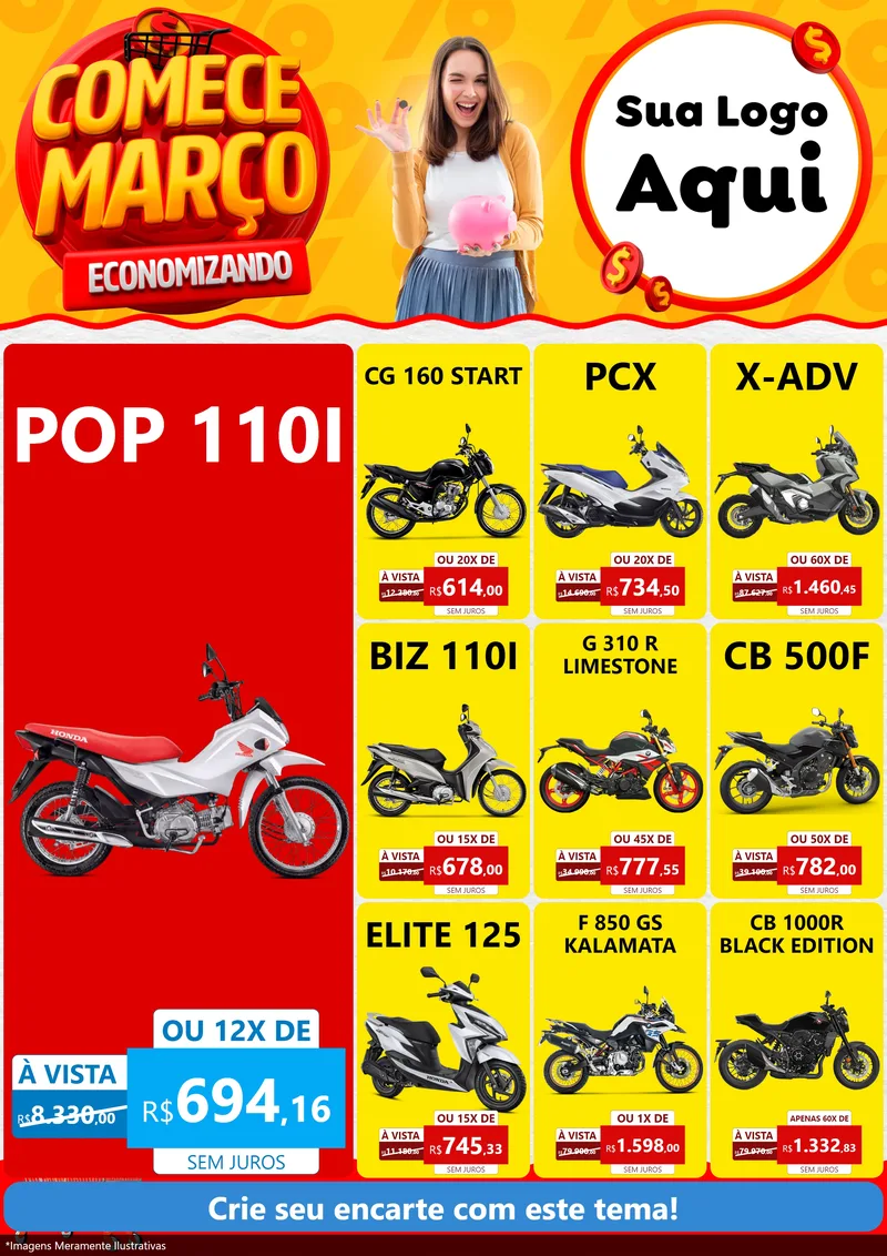 Modelo de Encarte para Encarte A4 Vertical com o tema Comece Março Economizando para Concessionaria de Motos