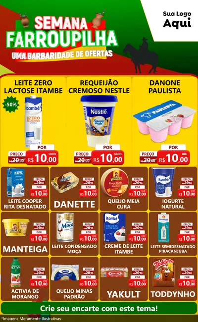 Modelo de Encarte para Encarte Grande com o tema Semana Farroupilha - Uma Barbaridade de Ofertas para Frios e Laticínios