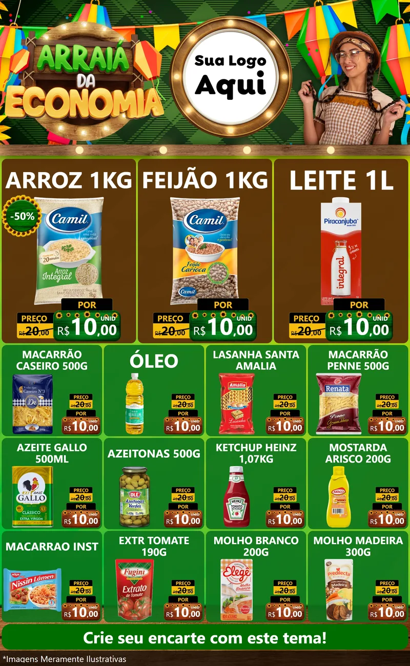 Modelo de Encarte para Encarte Grande com o tema Arraiá de Economia para Supermercado