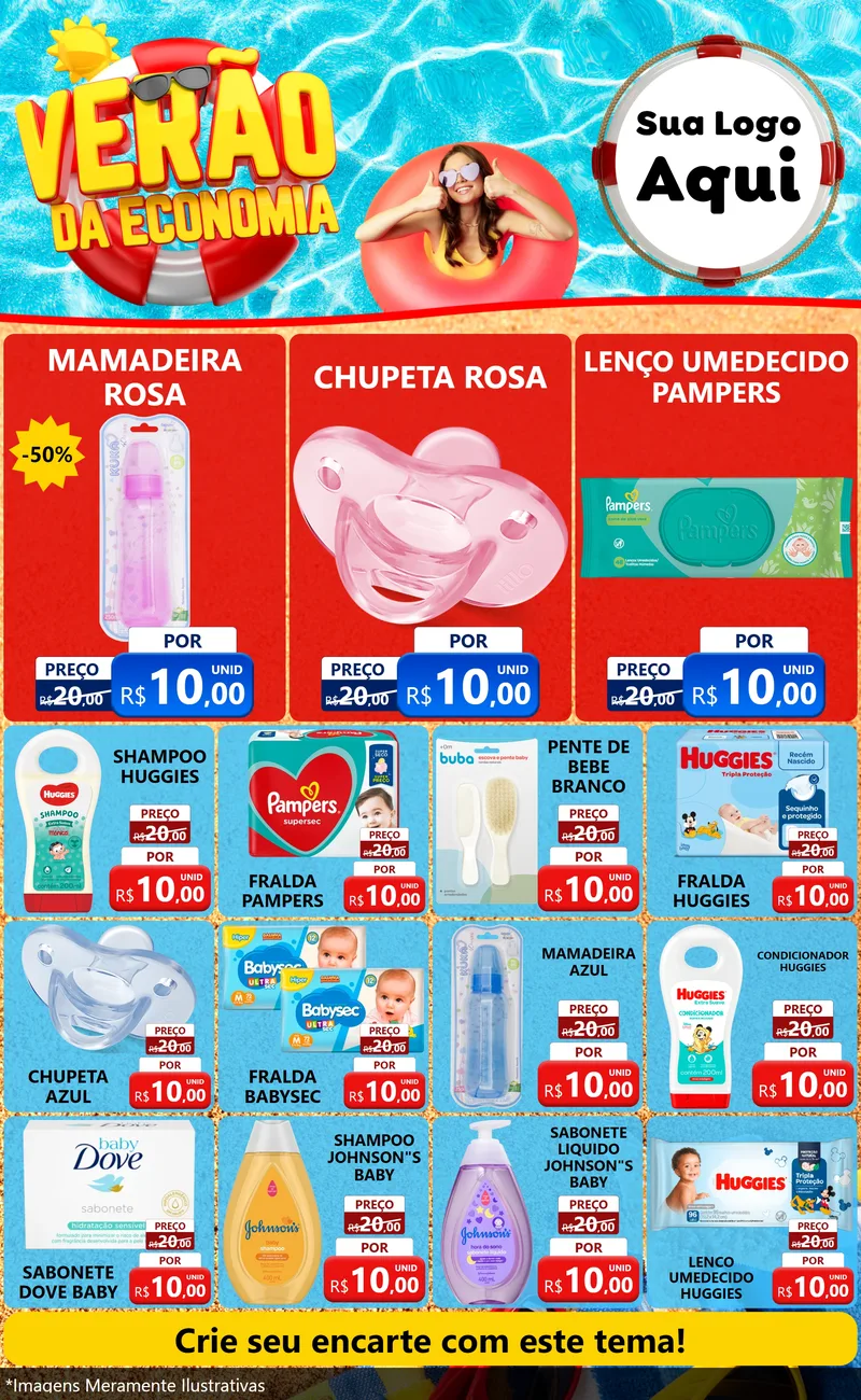 Modelo de Encarte para Encarte Grande com o tema Verão da Economia para Bebês